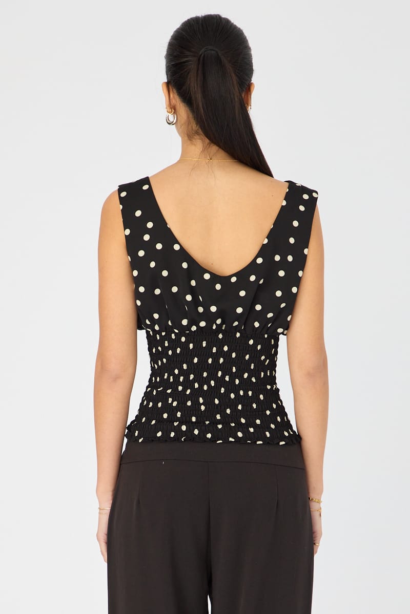Black Polka Dot High Neck Ruched Waist Blouse Sleeveless