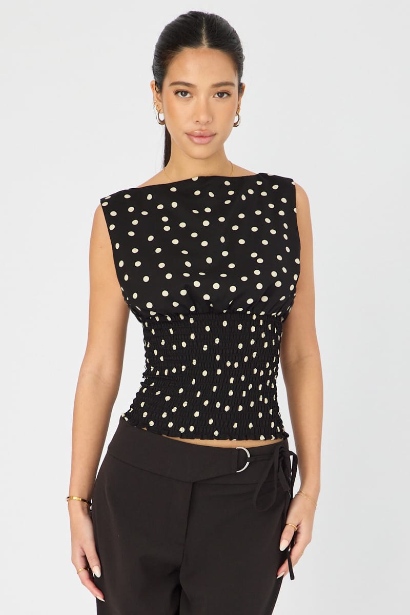 Black Polka Dot High Neck Ruched Waist Blouse Sleeveless