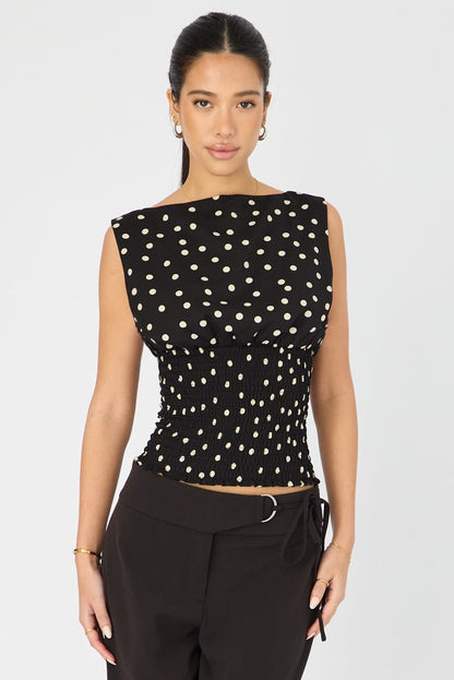 Black Polka Dot High Neck Ruched Waist Blouse Sleeveless