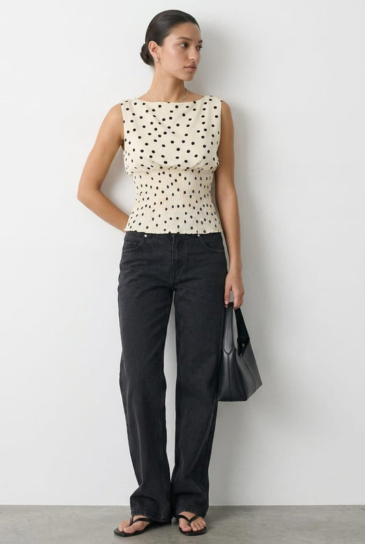 White Polka Dot High Neck Ruched Waist Blouse Sleeveless