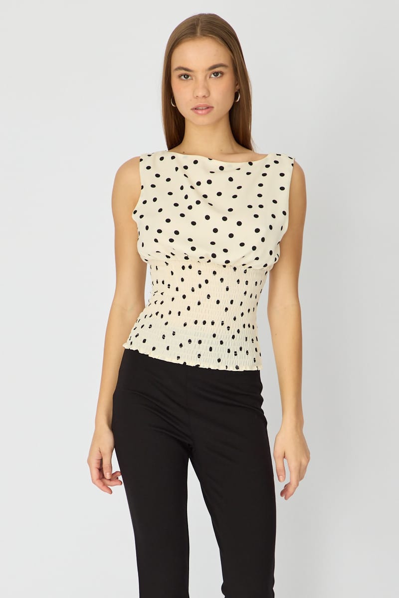 White Polka Dot High Neck Ruched Waist Blouse Sleeveless