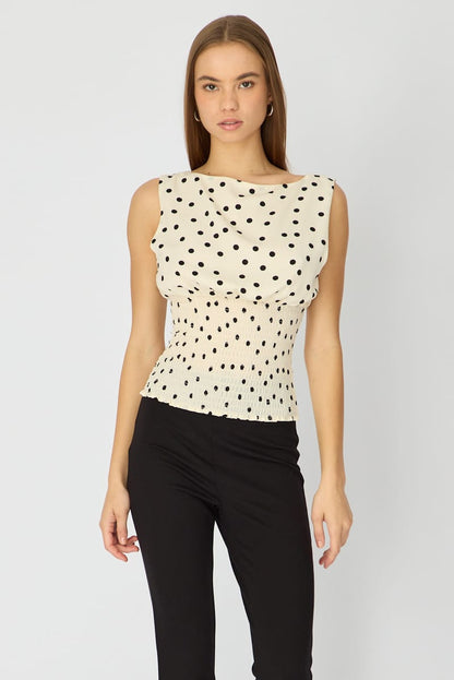 White Polka Dot High Neck Ruched Waist Blouse Sleeveless