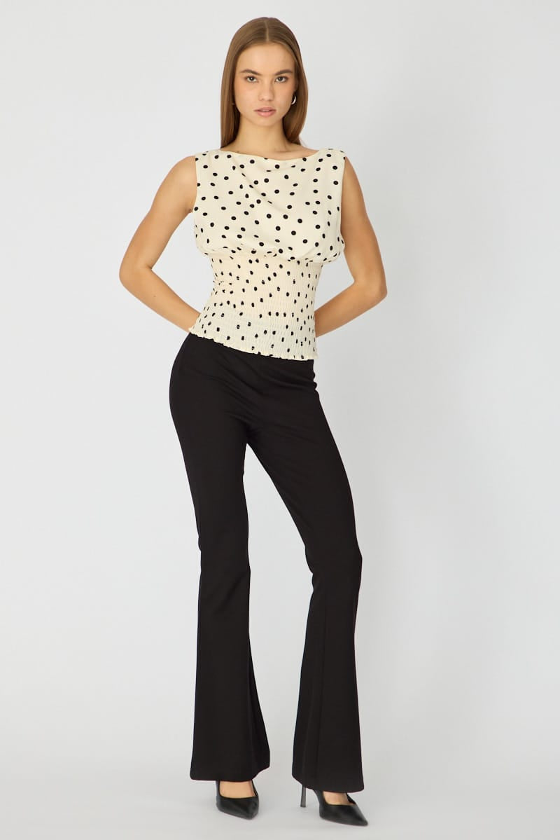 White Polka Dot High Neck Ruched Waist Blouse Sleeveless