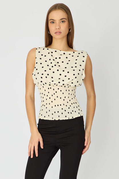 White Polka Dot High Neck Ruched Waist Blouse Sleeveless