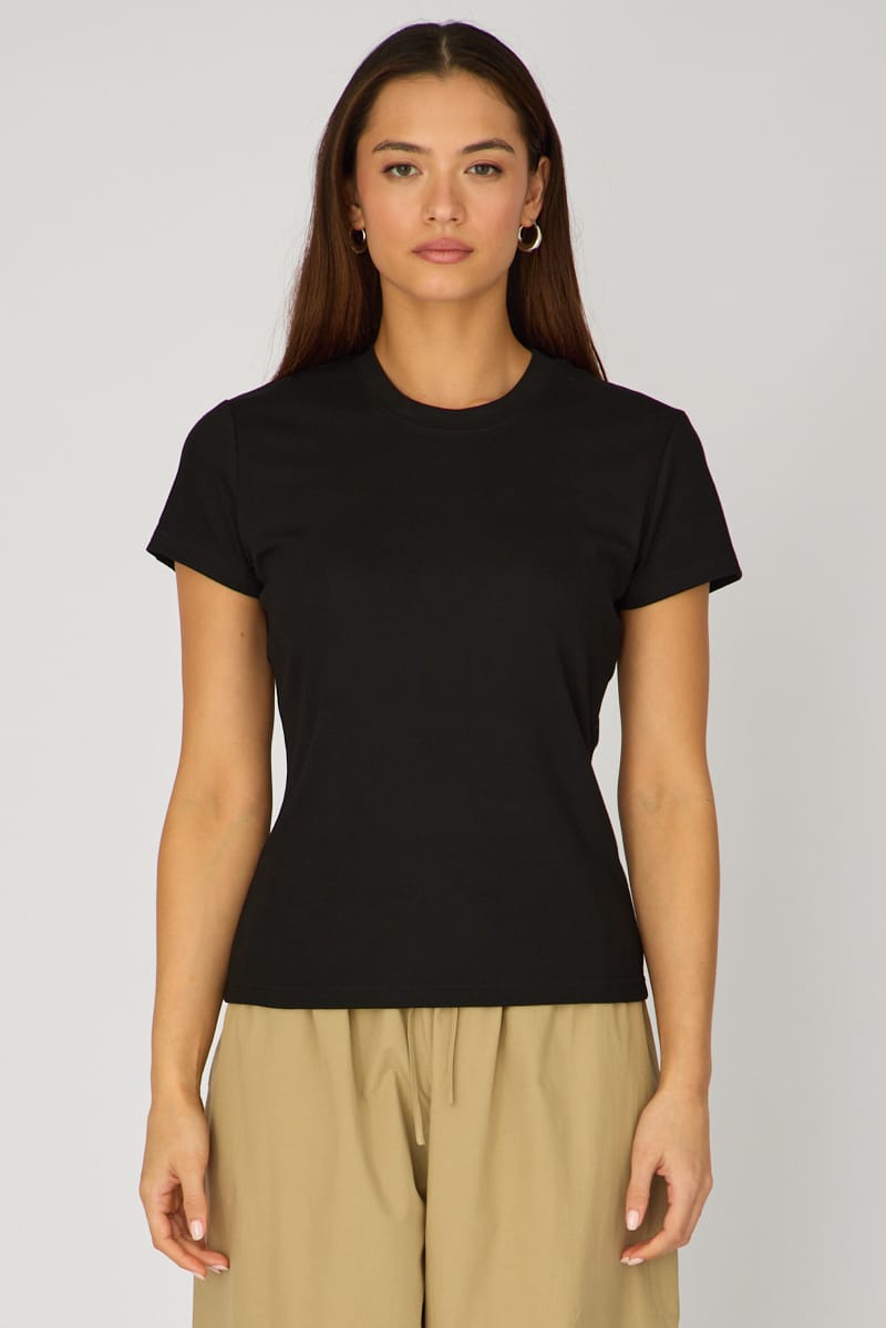 Black Cotton T-shirt Short Sleeve Round Neck