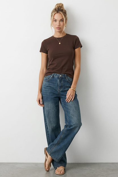 Brown Cotton T-shirt Short Sleeve Round Neck