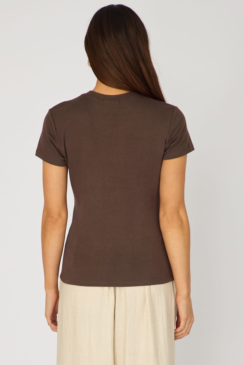 Brown Cotton T-shirt Short Sleeve Round Neck