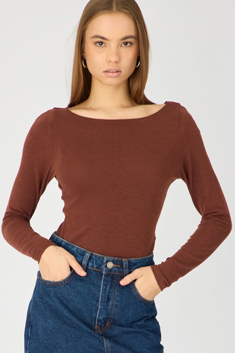 Brown Sheer Top Long Sleeve Slim Fit