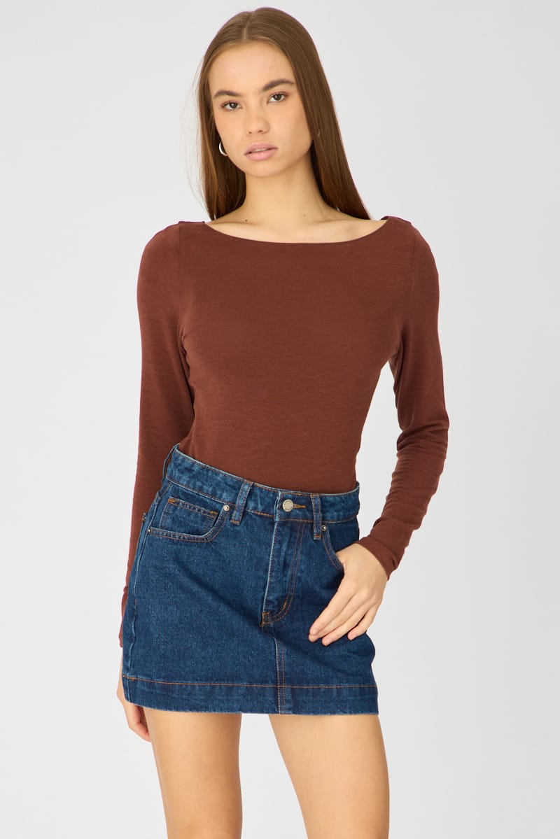 Brown Sheer Top Long Sleeve Slim Fit
