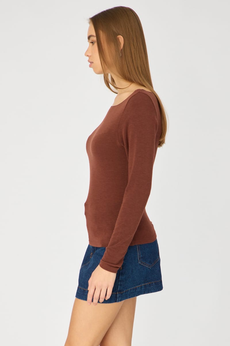 Brown Sheer Top Long Sleeve Slim Fit