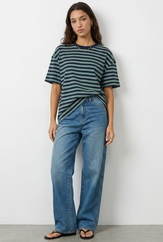 Green Stripe Oversized Tee Short Sleeve
