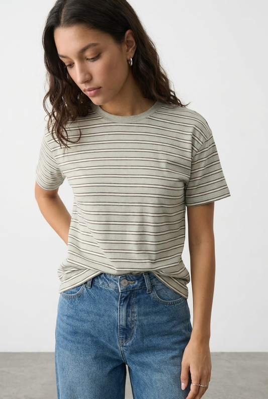 Grey Stripe Oversized Tee Short Sleeve