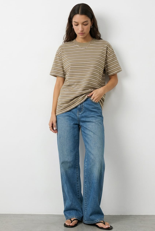 Grey Stripe Oversized Tee Short Sleeve