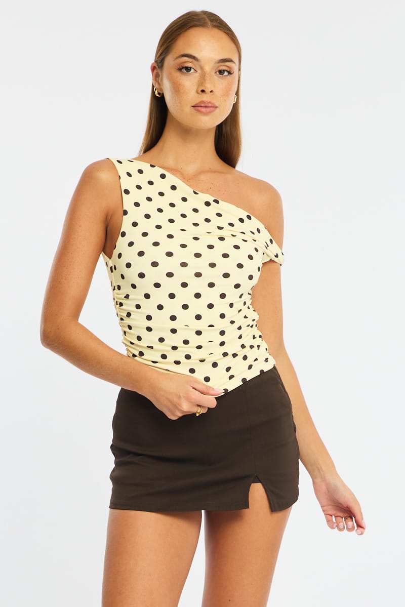Yellow Polka Dot One Shoulder Twist Top