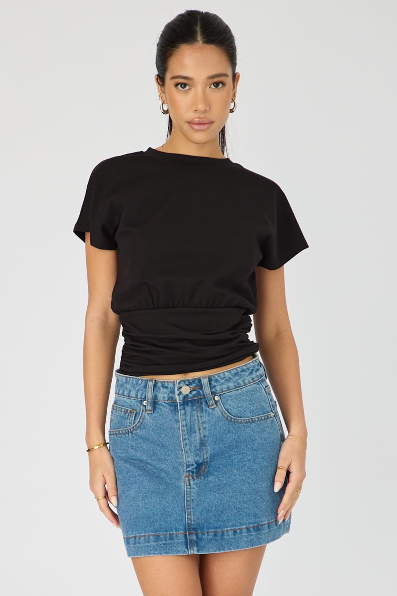 Black Boat Neck Short Sleeve Top