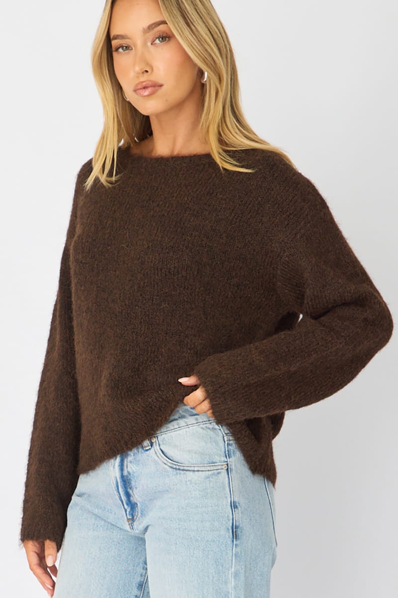 Brown Loose Long Sleeve Boat Neck Knit