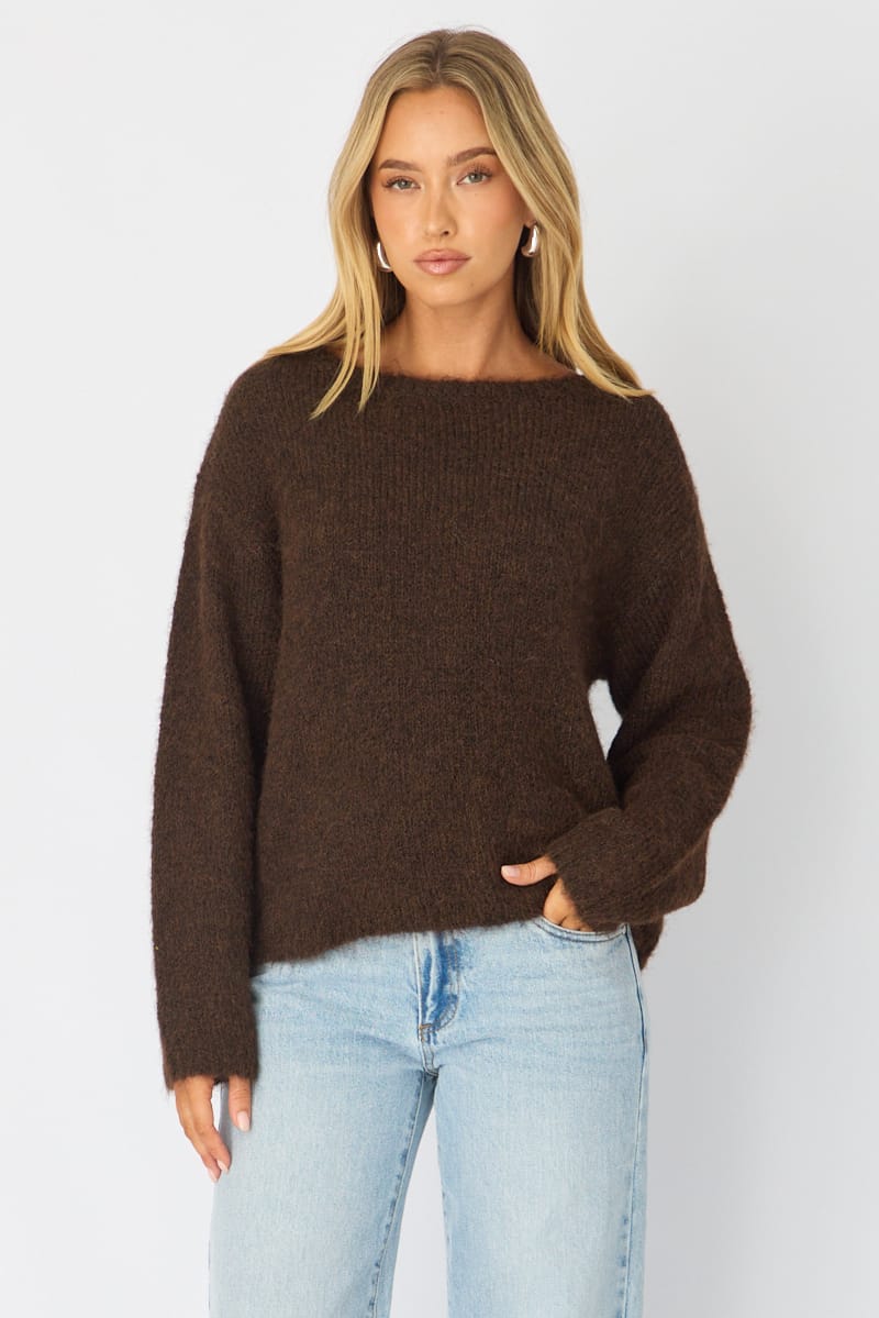Brown Loose Long Sleeve Boat Neck Knit