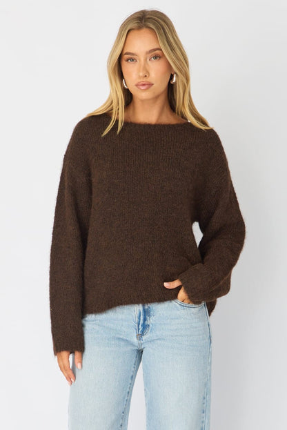 Brown Loose Long Sleeve Boat Neck Knit