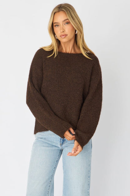 Brown Loose Long Sleeve Boat Neck Knit