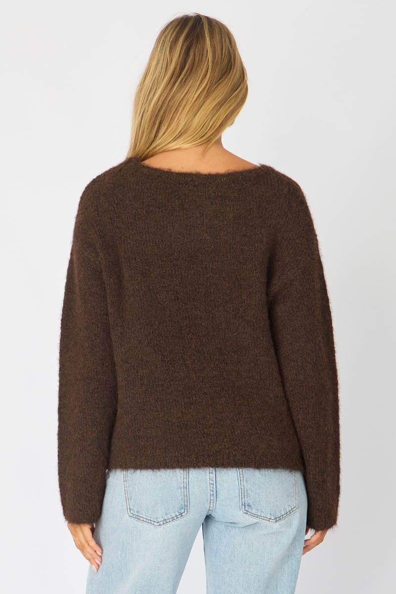 Brown Loose Long Sleeve Boat Neck Knit