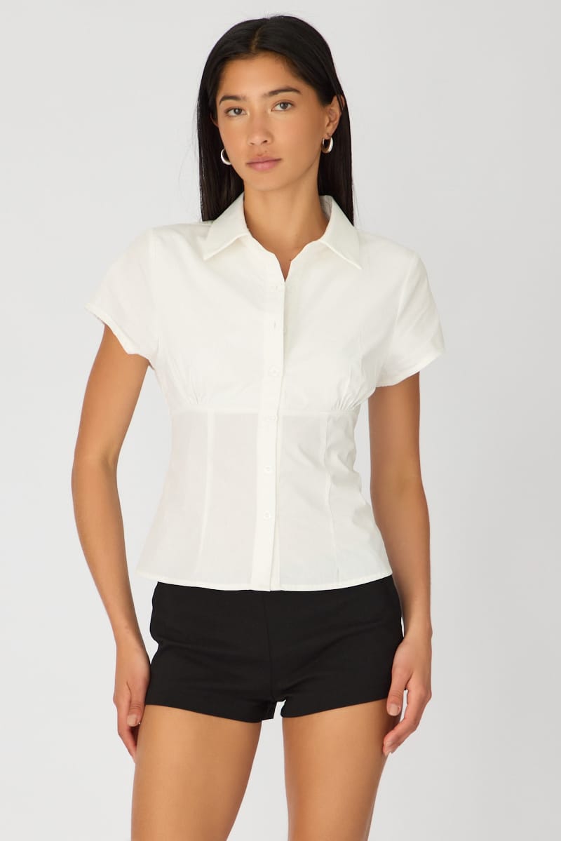 White Short Sleeve Shirt Collared Button Up Textured