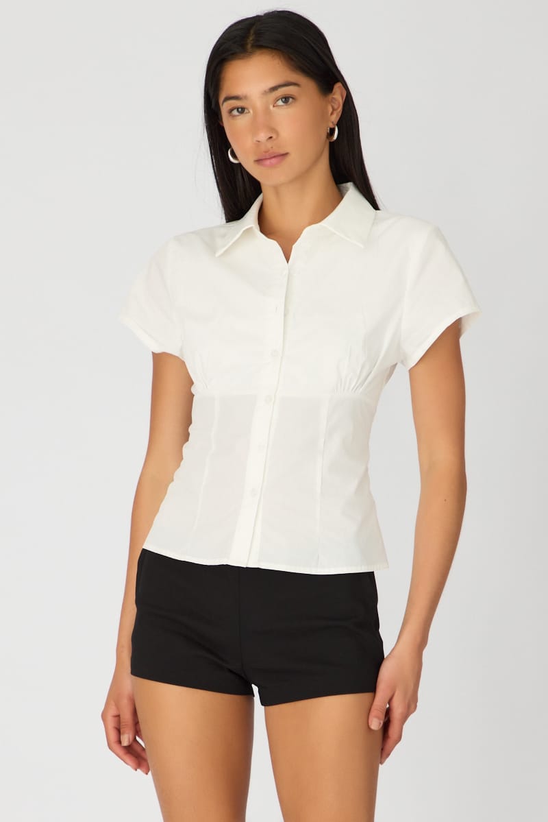 White Short Sleeve Shirt Collared Button Up Textured