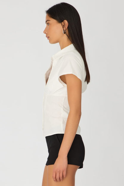 White Short Sleeve Shirt Collared Button Up Textured