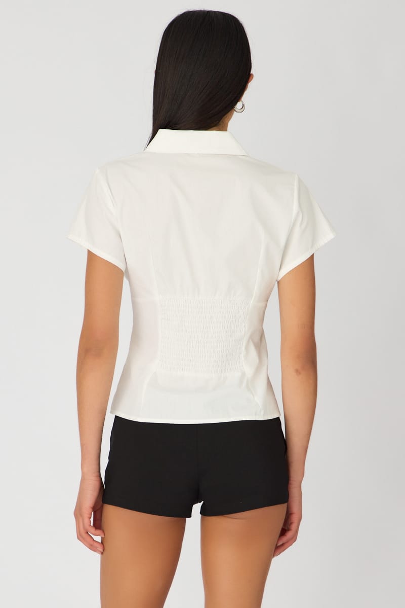 White Short Sleeve Shirt Collared Button Up Textured
