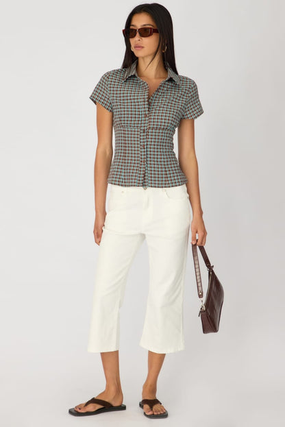 Brown Check Short Sleeve Shirt Collared Button Up Textured