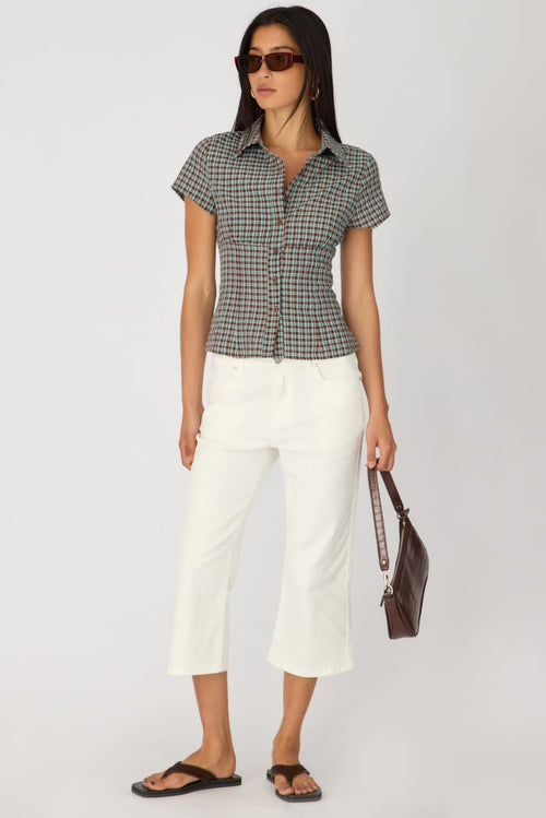 Brown Check Short Sleeve Shirt Collared Button Up Textured