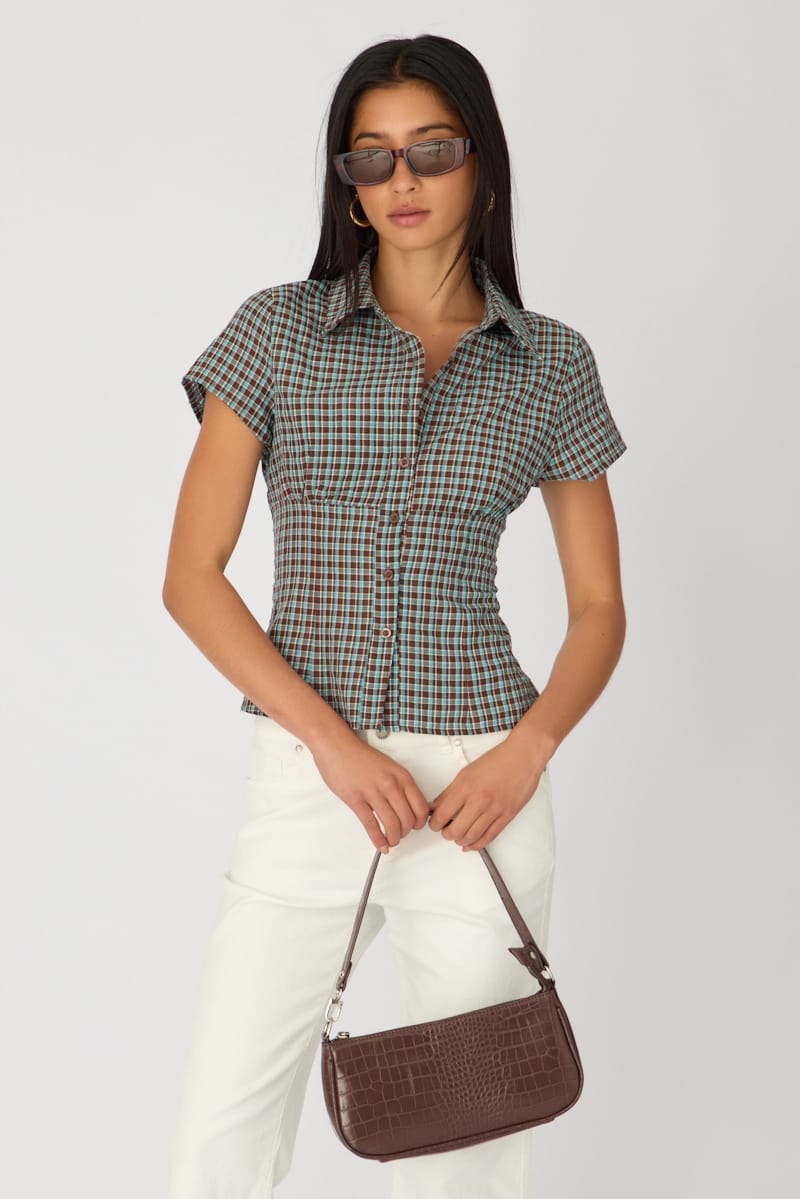 Brown Check Short Sleeve Shirt Collared Button Up Textured