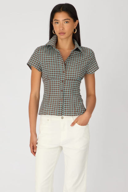 Brown Check Short Sleeve Shirt Collared Button Up Textured