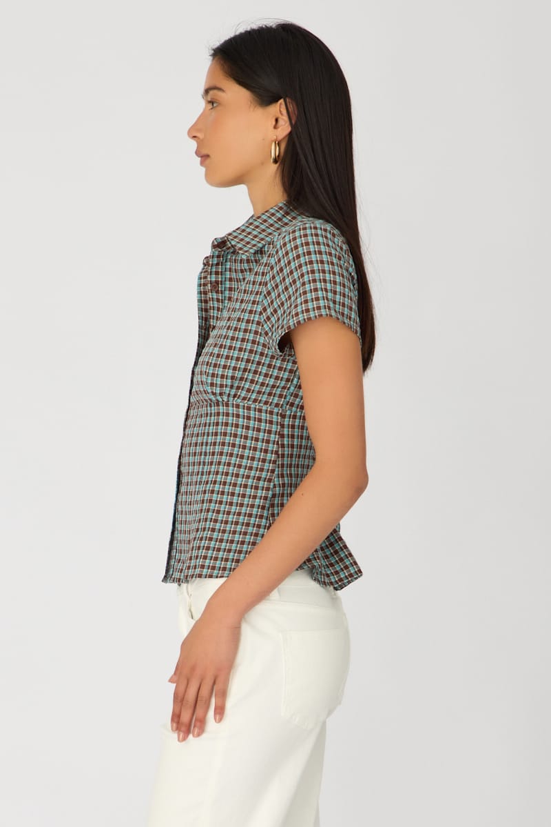 Brown Check Short Sleeve Shirt Collared Button Up Textured