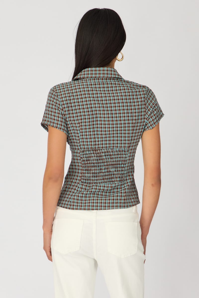Brown Check Short Sleeve Shirt Collared Button Up Textured