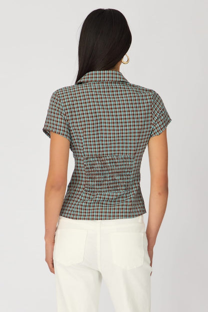 Brown Check Short Sleeve Shirt Collared Button Up Textured