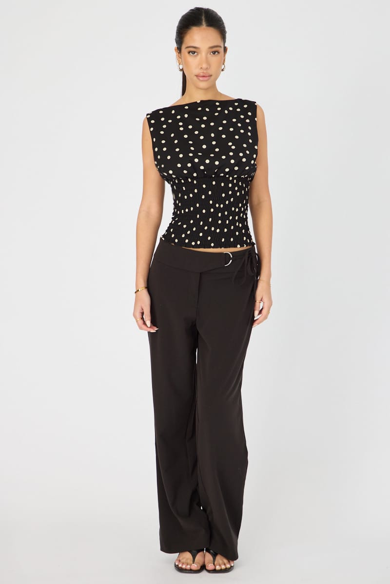 Black Polka Dot High Neck Ruched Waist Blouse Sleeveless