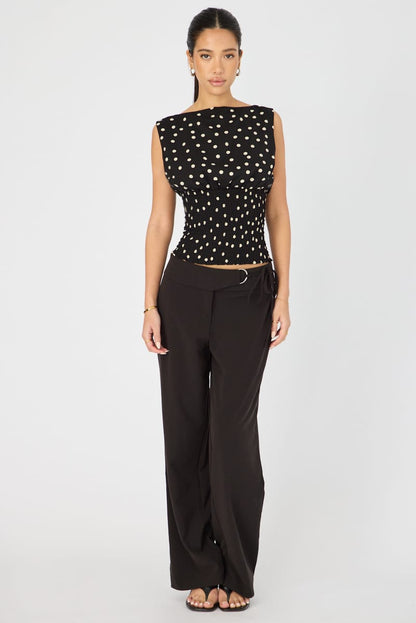 Black Polka Dot High Neck Ruched Waist Blouse Sleeveless
