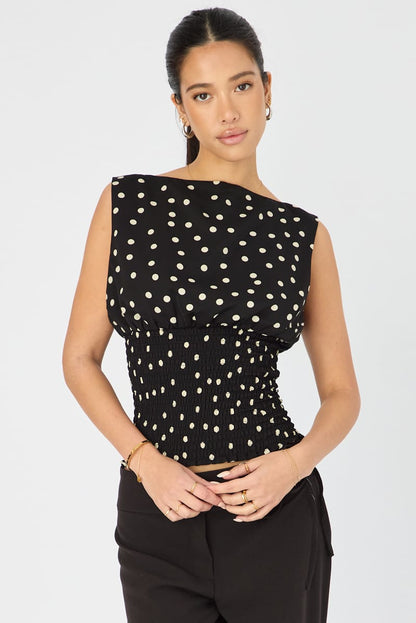Black Polka Dot High Neck Ruched Waist Blouse Sleeveless