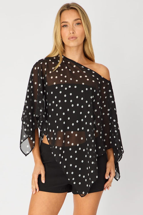 Black Polka Dot Chiffon Poncho Off Shoulder Polka Dot
