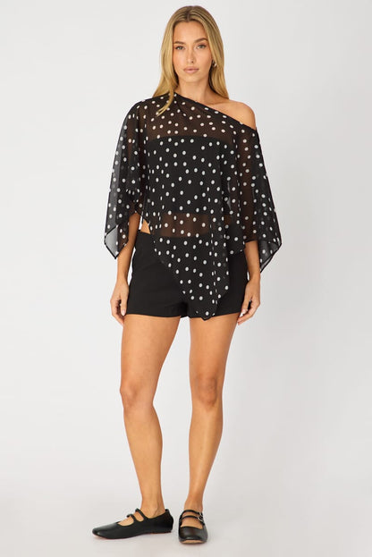 Black Polka Dot Chiffon Poncho Off Shoulder Polka Dot