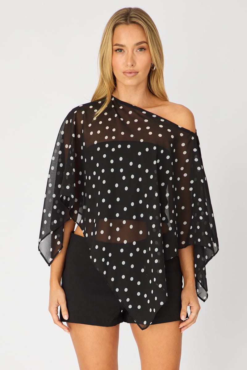 Black Polka Dot Chiffon Poncho Off Shoulder Polka Dot