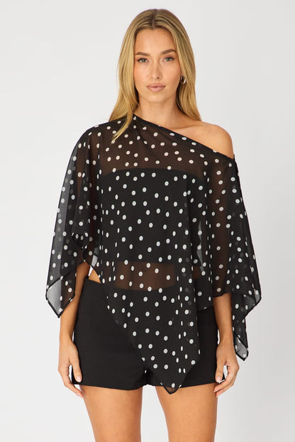 Black Polka Dot Chiffon Poncho Off Shoulder Polka Dot