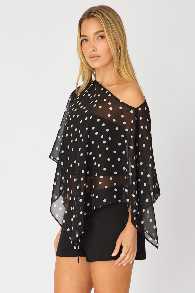 Black Polka Dot Chiffon Poncho Off Shoulder Polka Dot