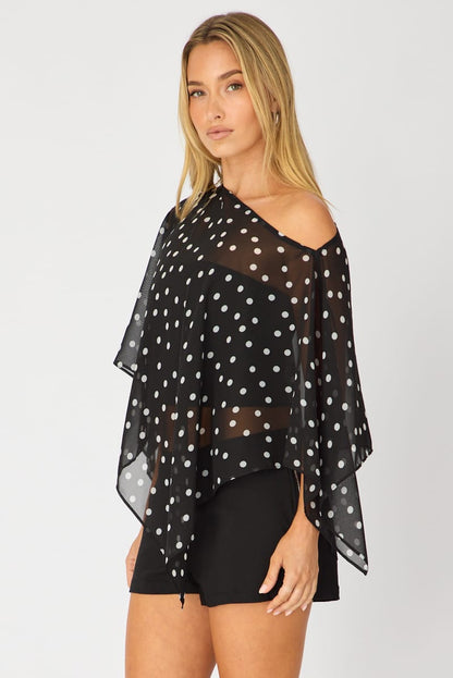 Black Polka Dot Chiffon Poncho Off Shoulder Polka Dot