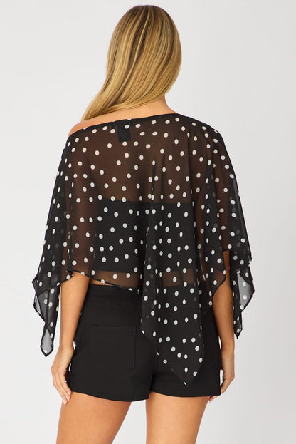 Black Polka Dot Chiffon Poncho Off Shoulder Polka Dot