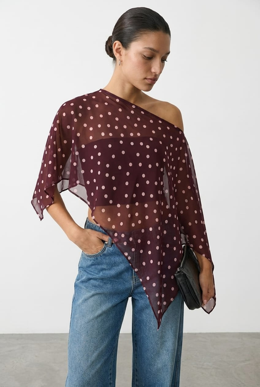 Red Polka Dot Chiffon Poncho Off Shoulder Polka Dot