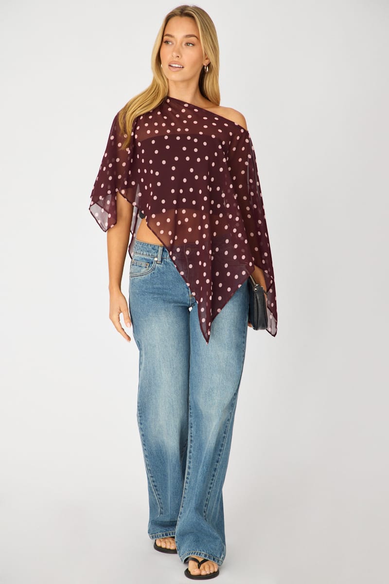 Red Polka Dot Chiffon Poncho Off Shoulder Polka Dot