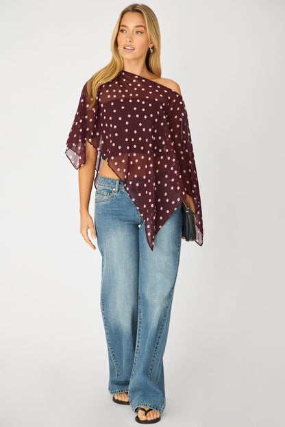 Red Polka Dot Chiffon Poncho Off Shoulder Polka Dot