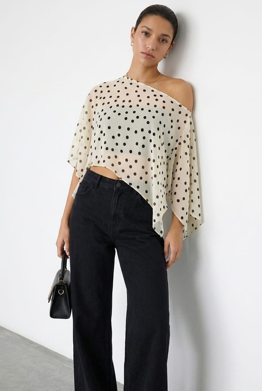 White Polka Dot Chiffon Poncho Off Shoulder Polka Dot