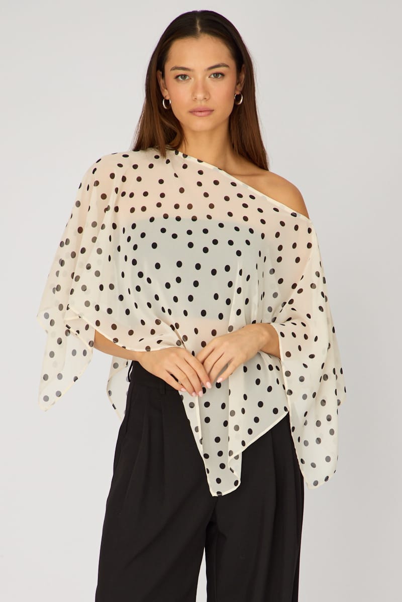 White Polka Dot Chiffon Poncho Off Shoulder Polka Dot